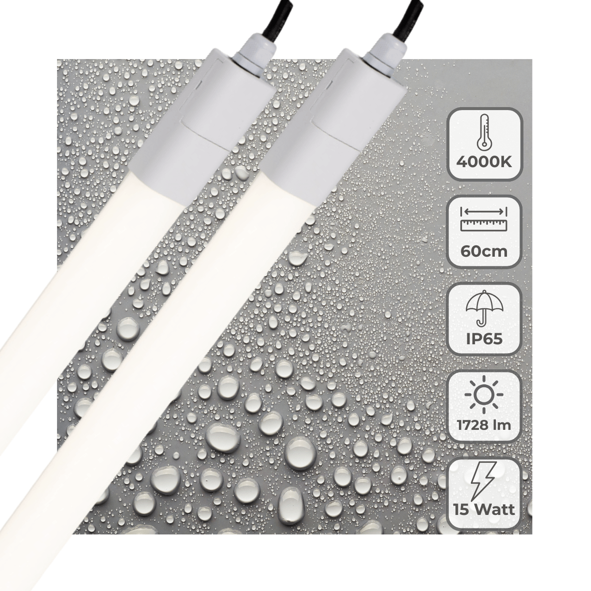 2er-Pack – LED-Leuchte, LED-TL-Beleuchtung komplett, 60 cm – geeignet für den Außen- und Innenbereich – 1725 lm