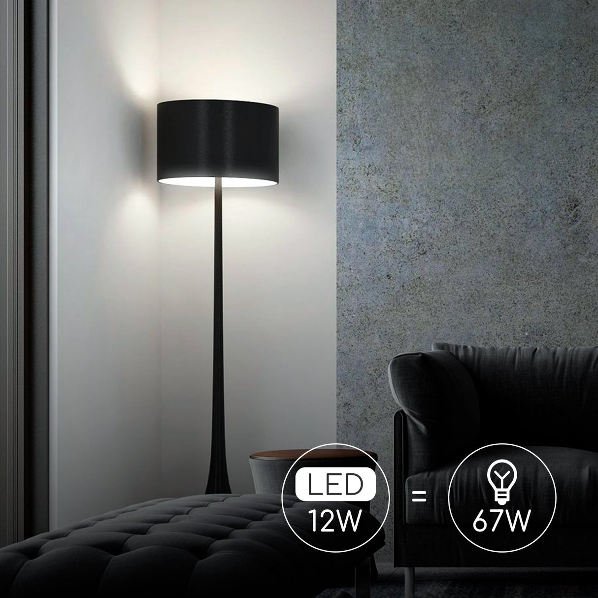 Aigostar R80 spiegellamp daglichtwit in een moderne woonkamer met een stijlvolle vloerlamp