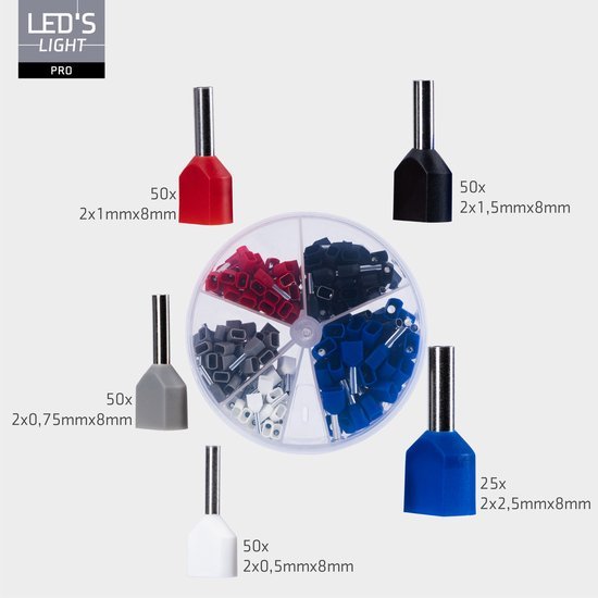 Sortiment an Aderendhülsen – 5 Größen von 0,5 mm² bis 2,5 mm² – Doppeladerendhülsen – 225 Stück