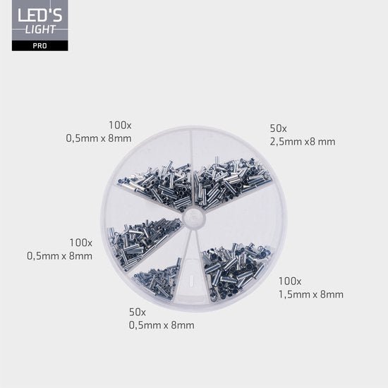 Sortiment an Aderendhülsen – 5 Größen von 0,5 mm² bis 2,5 mm² – 1100 Stück