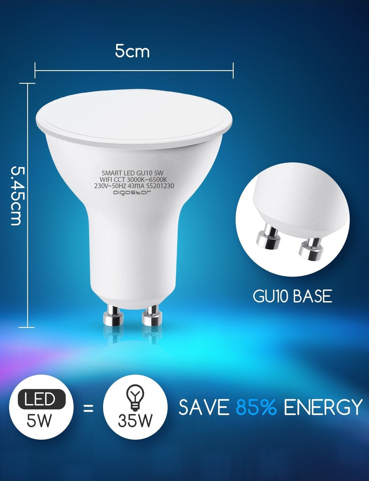 GU10 WiFi led spot dimbaar 5W 400lm 3000K IP20 Aigostar