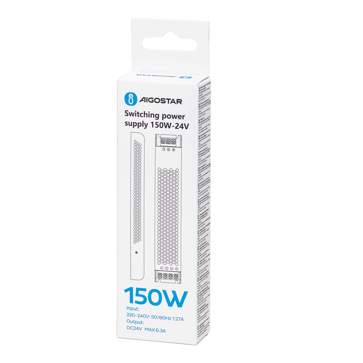 Aigostar LED driver 24V 150W in verpakking met specificaties en duidelijke labels