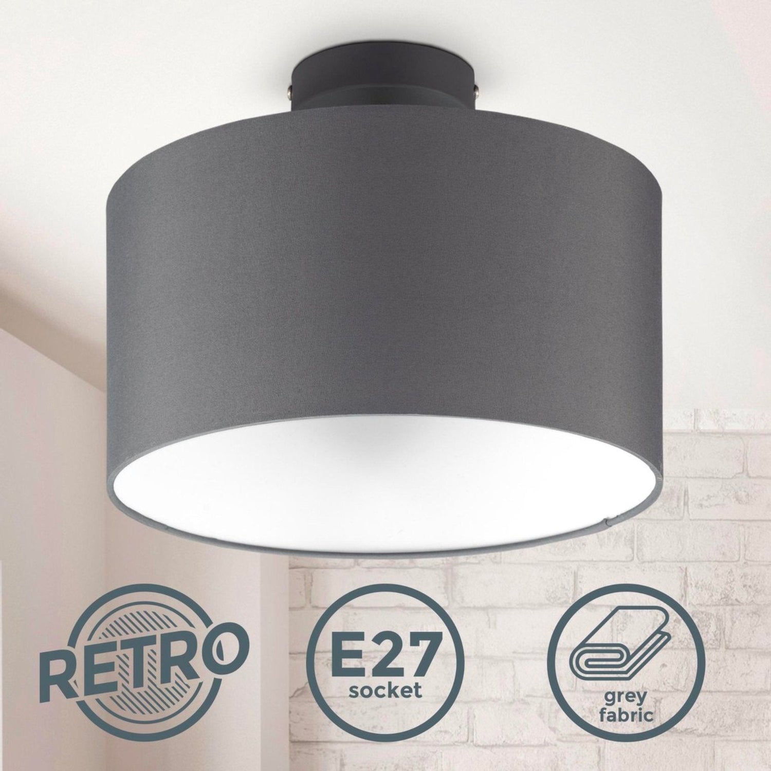 BKLicht - Decorative ceiling lamp - Ø30cm - Gray/white - Metal, wood and fabric - Round ceiling lamp - E27 fitting - Excl. light source