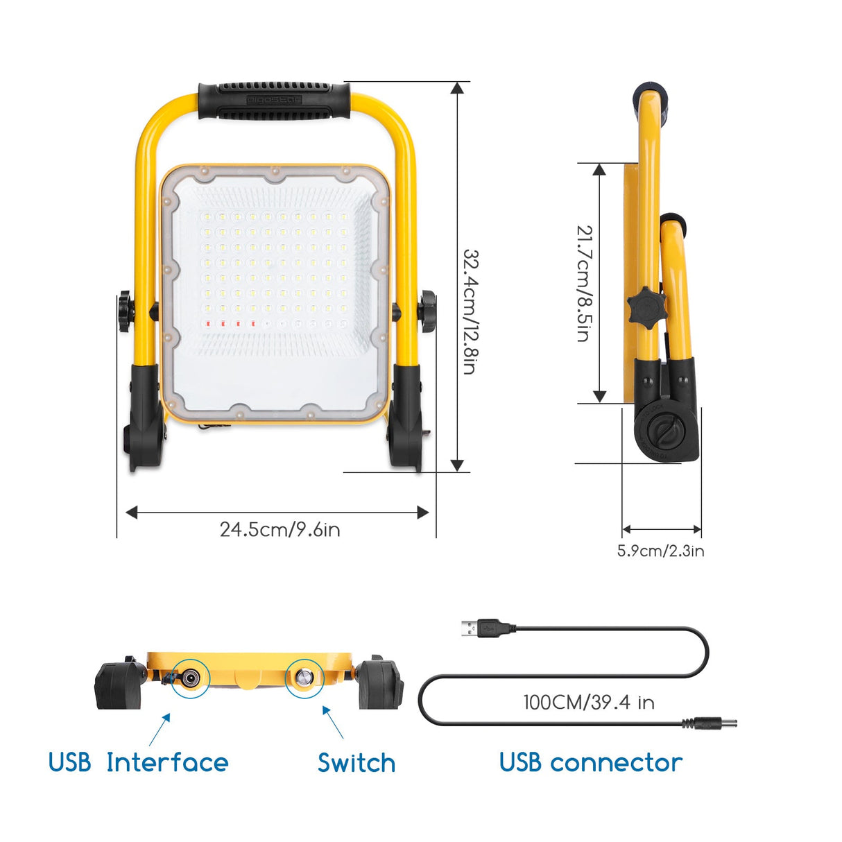 Bouwlamp - werklicht oplaadbaar - USB | LED 50W=150W schijnwerper | daglichtwit 6500K - 3 standen + flits blauwrood | waterdicht IP65 - LEDPLANET.NL