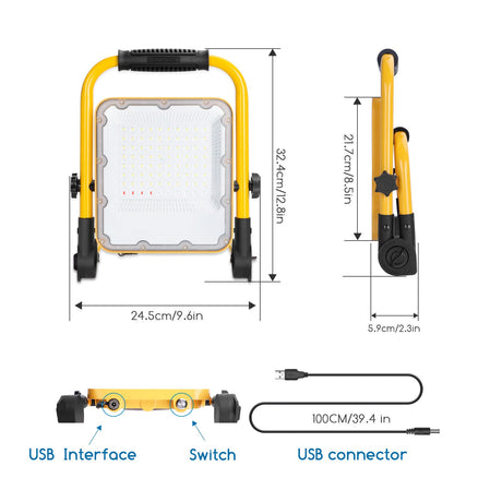 Bouwlamp - werklicht oplaadbaar - USB | LED 50W=150W schijnwerper | daglichtwit 6500K - 3 standen + flits blauwrood | waterdicht IP65 - LEDPLANET.NL