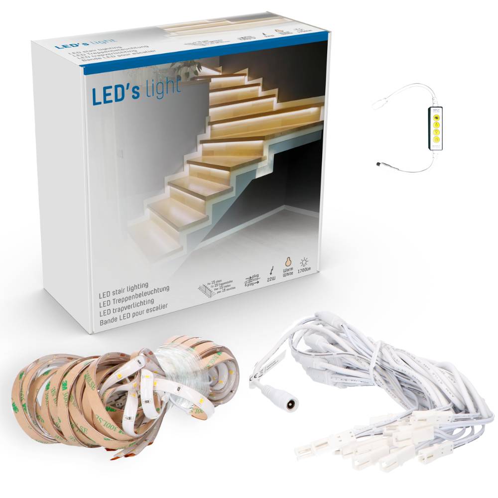 LED-Treppenbeleuchtungsset, 1700 Lumen – 15 Stufen – 80 cm – Warmweiß (2700 K) – Dimmbar – 15-teilig