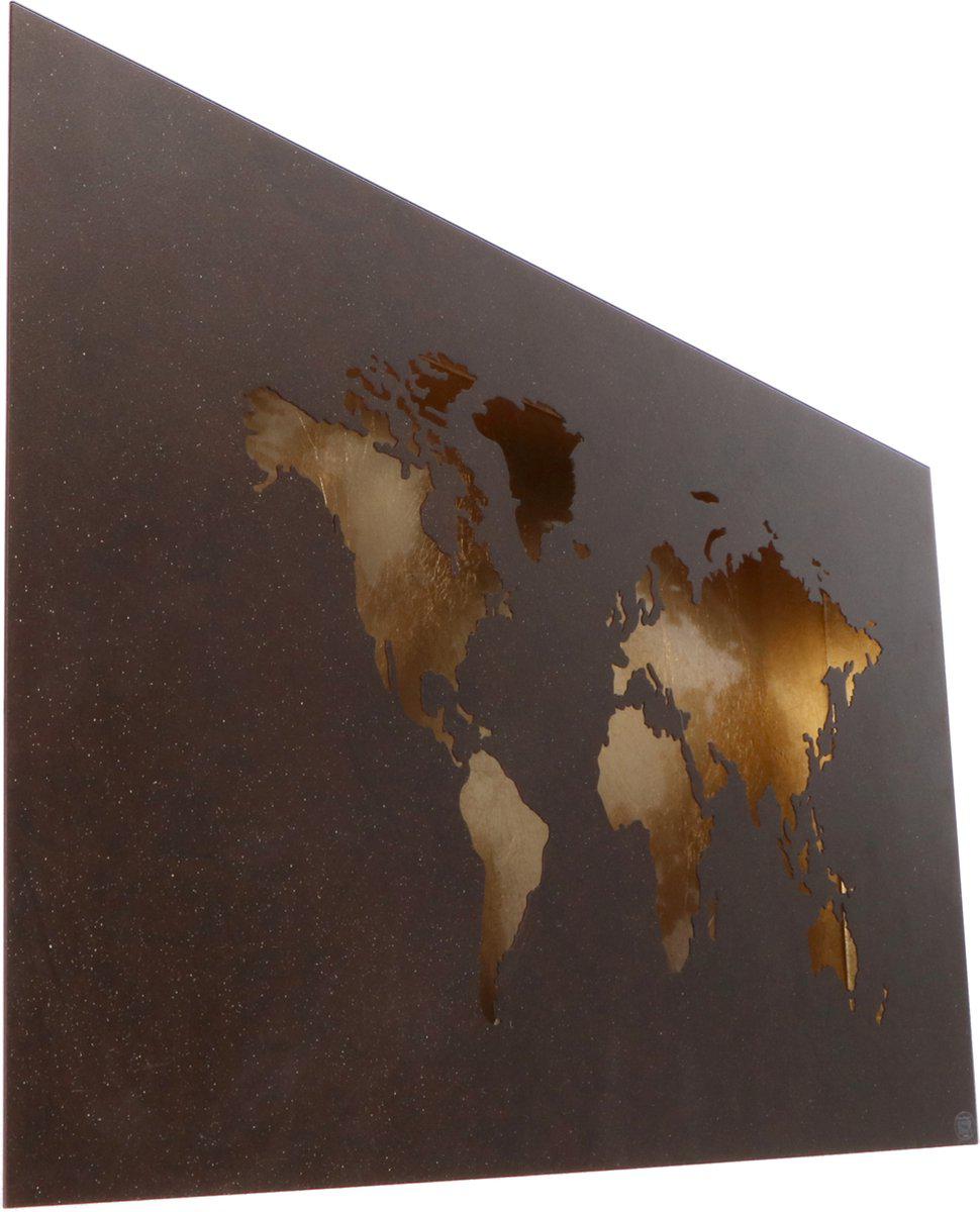 LED-Weltkarte als Wanddekoration mit Beleuchtung – 60 x 30 cm – Braun-Gold-Metall