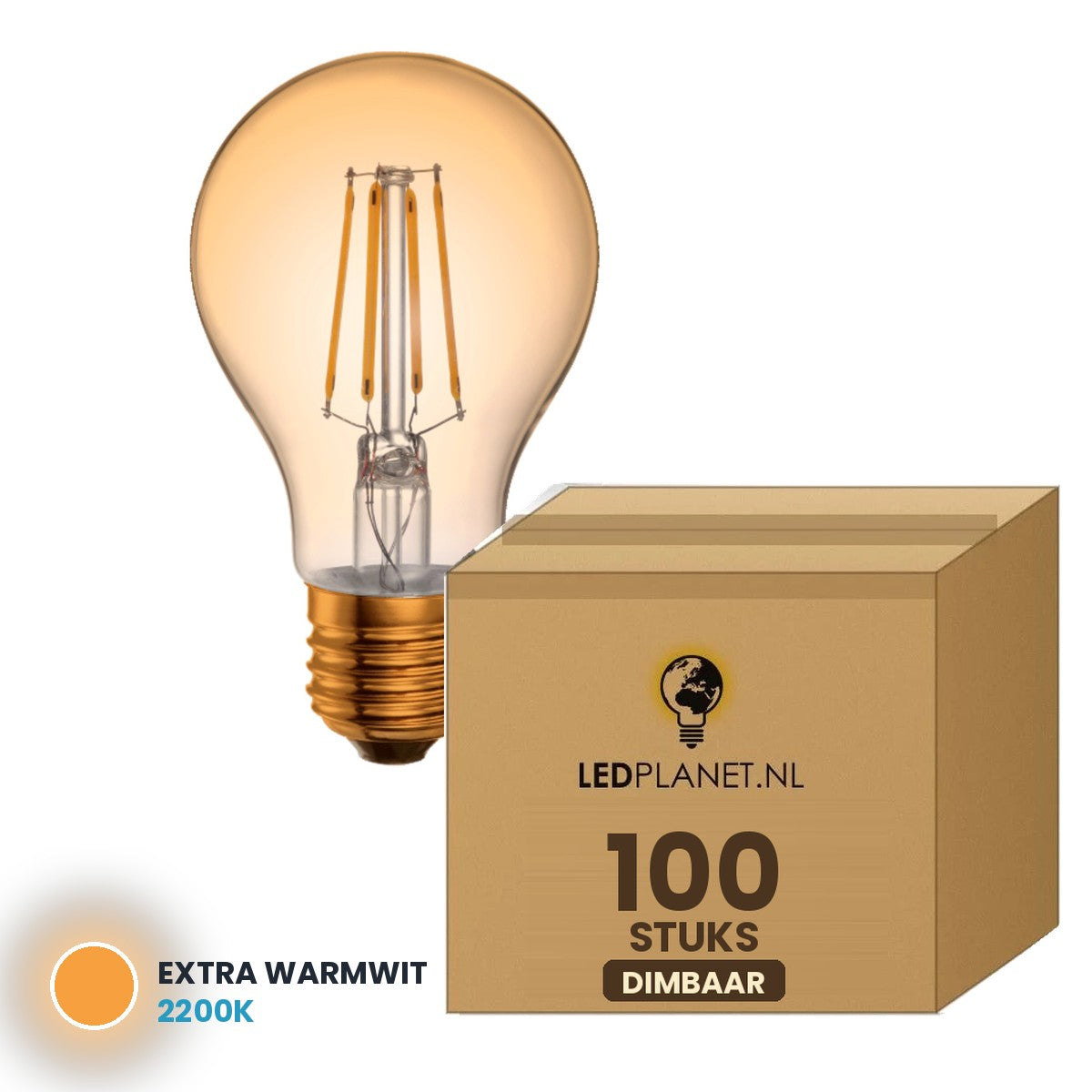 Filamentlamp E27 A60, 100 stuks, 2200K, doos