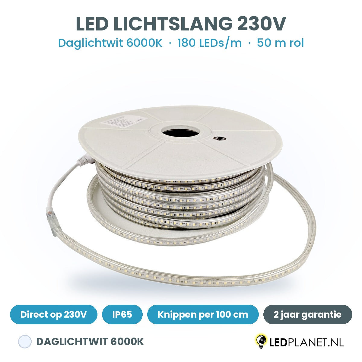 LED lichtslang 230V daglichtwit 6000K, 180 LEDs per meter, rol van 50 meter, IP65, per 100 cm te knippen