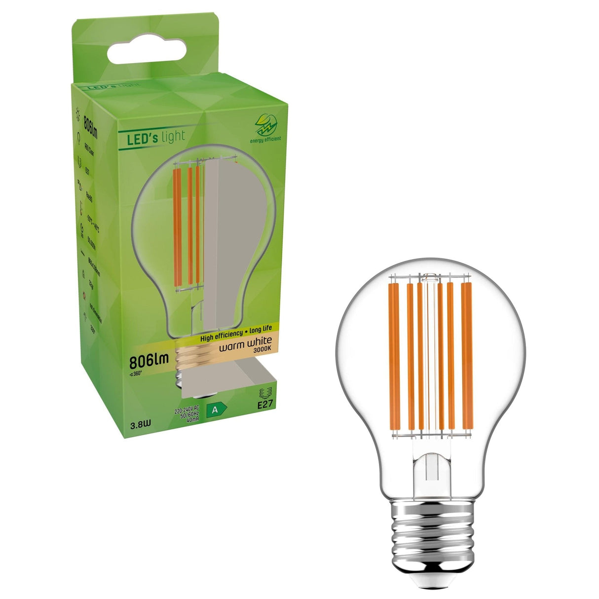 Ultra-LED-Filamentlampe E27 – Energieeffizienzklasse A – Transparent – 3,8 W = 60 W