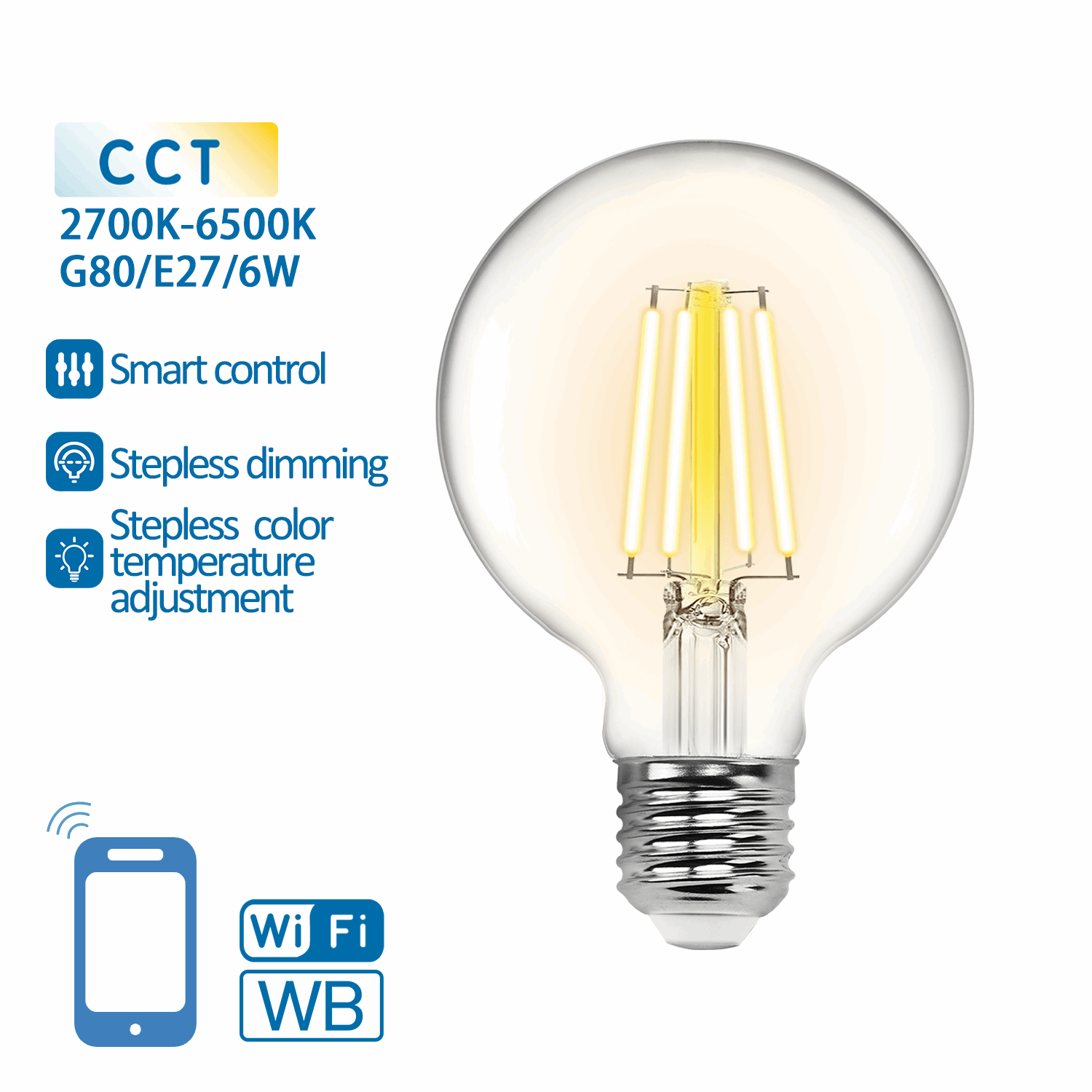Globe E27 gloeilamp 6W WiFi CCT 2700K - 6500K | G80 - warmwit - daglichtwit LED ~ 850 Lumen - helder glas - 230 Volt - LEDPLANET.NL