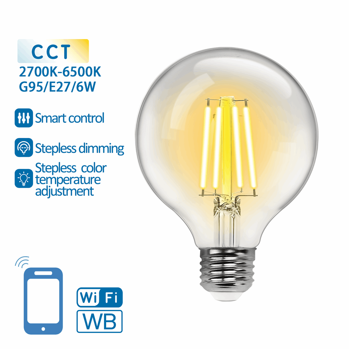 Globe E27 gloeilamp 6W WiFi CCT 2700K - 6500K | G95 - warmwit - daglichtwit LED ~ 850 Lumen - helder glas - 230 Volt - LEDPLANET.NL