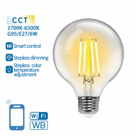 Globe E27 gloeilamp 6W WiFi CCT 2700K - 6500K | G95 - warmwit - daglichtwit LED ~ 850 Lumen - helder glas - 230 Volt - LEDPLANET.NL