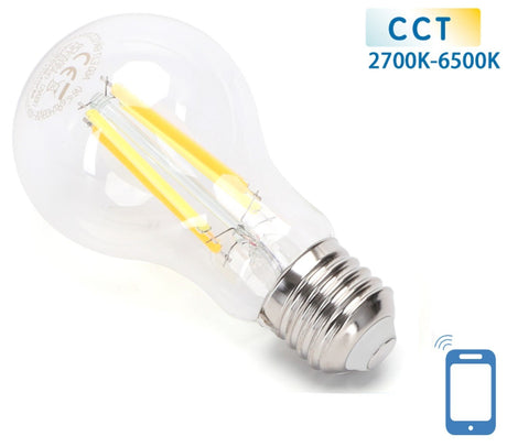Gloeilamp E27 6W WiFi + Bluetooth CCT 2700K - 6500K | Smartlamp A60 - warmwit - daglichtwit LED ~ 850 Lumen - helder glas - 230 Volt - LEDPLANET.NL
