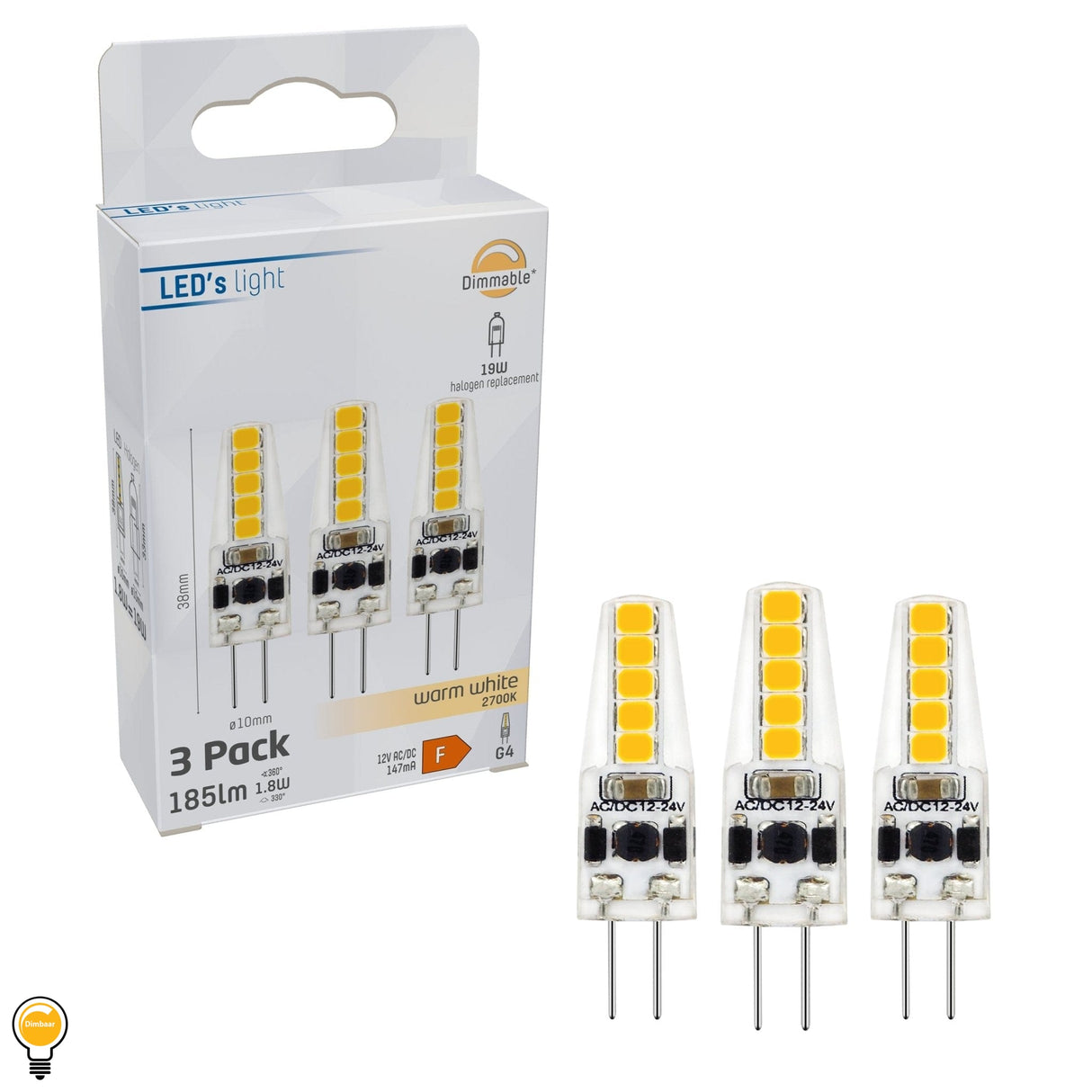LED Capsule G4 185 lumen - 1,8W - Warmwit 2700K - 12V - Dimbaar - IP20 - 3 stuks - DIMBAAR