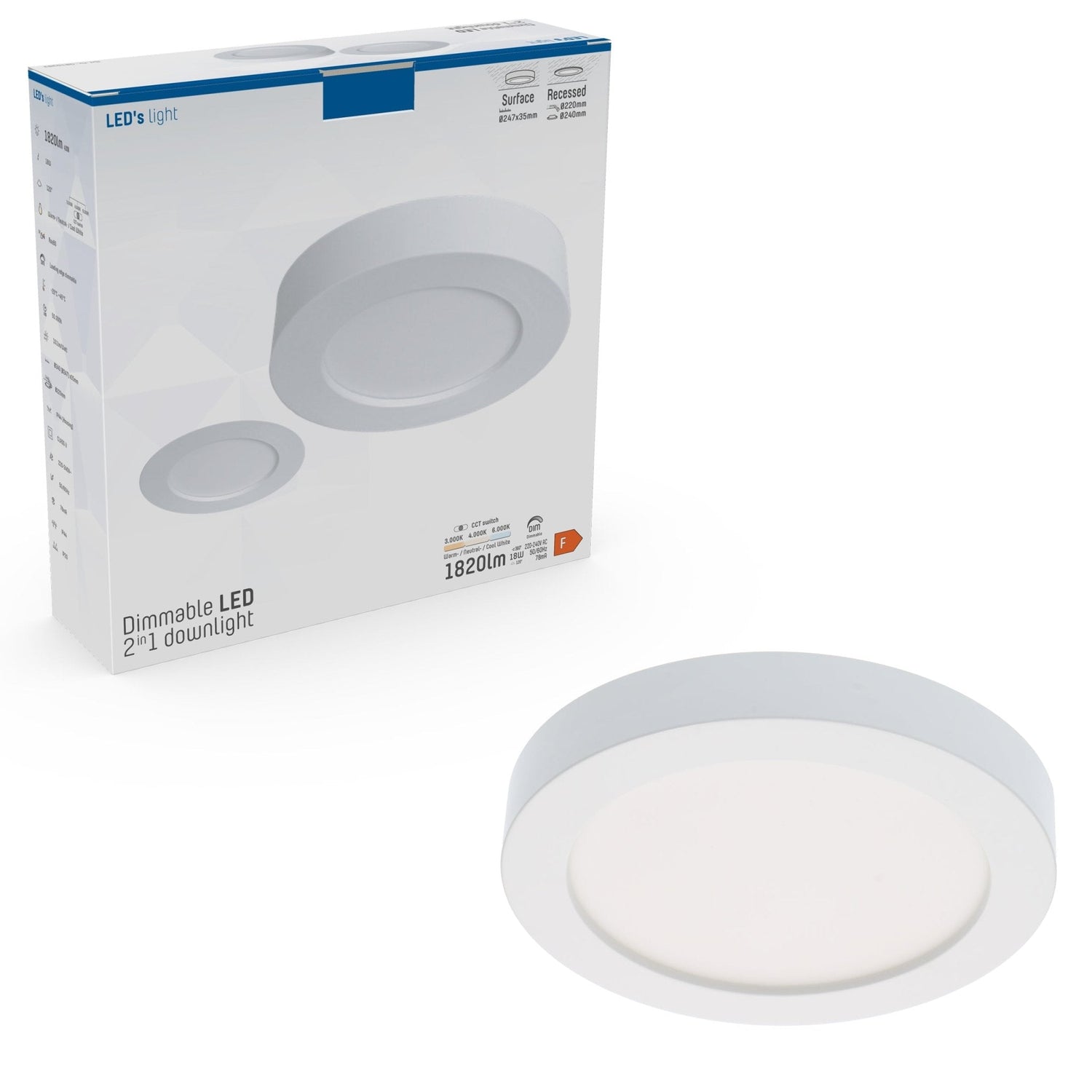 Recessed/Surface-Mounted LED Ceiling Lamp Downlight 18W – 1820 lm – Ø240 mm – White | 3000K / 4000K / 6000K