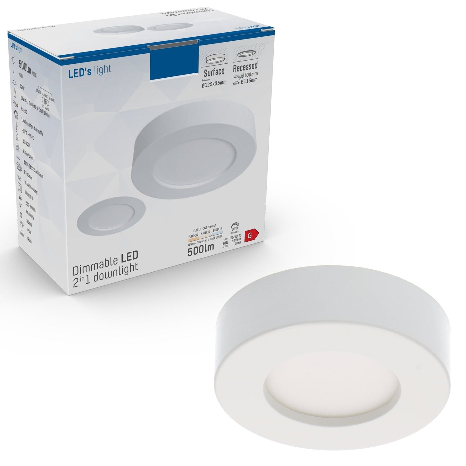 LED's Light LED Inbouwspot Ø 10 cm - Dimbaar in 3 standen - Inbouw en opbouw - 500 lm
