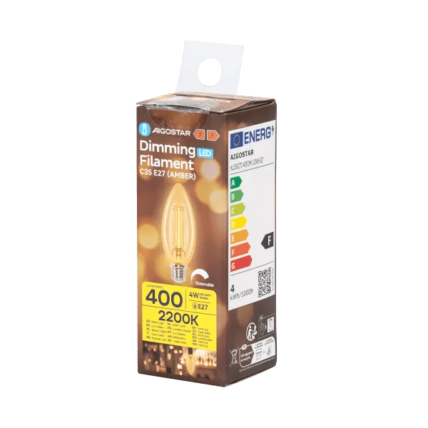 Kaarslamp E27 dimbaar flame warmwit | C35 LED 4W~400Lm=38W halogeen verlichting | amber glas - 2200K - LEDPLANET.NL