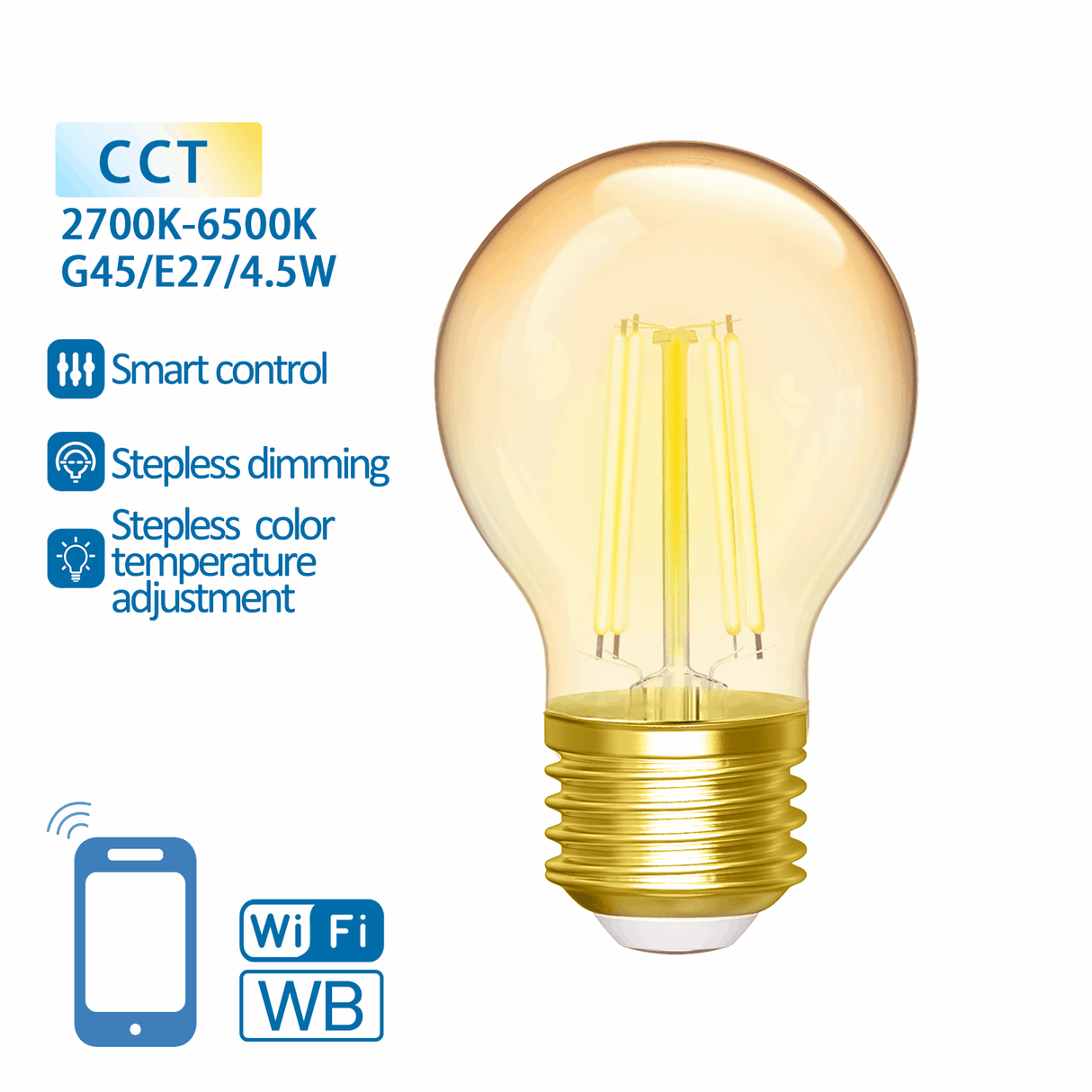 Kogellamp E27 4.5W WiFi + Bluetooth CCT 2700K - 6500K | Smartlamp G45 - warmwit - daglichtwit filament LED ~ 470 Lumen - amber glas - 230 Volt - LEDPLANET.NL