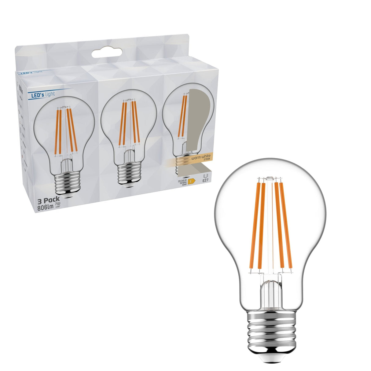 LED-Filamentlampen E27 – Transparent – Warmweiß – 806 lm – 3er-Pack