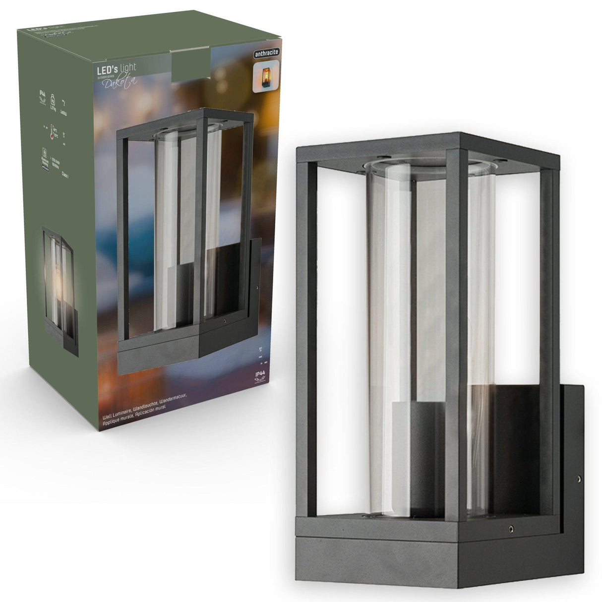 LED's Light LED Wall Lamp with Glass Windows - Rectangle - E27 Fitting - IP44 - Anthracite
