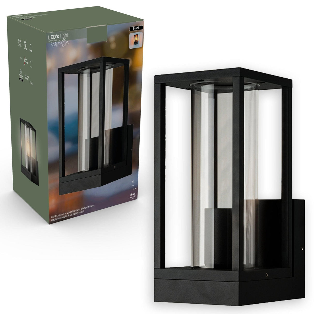 LED's Light LED Wall Lamp with Glass Windows - Rectangle - E27 Fitting - IP44 - Black
