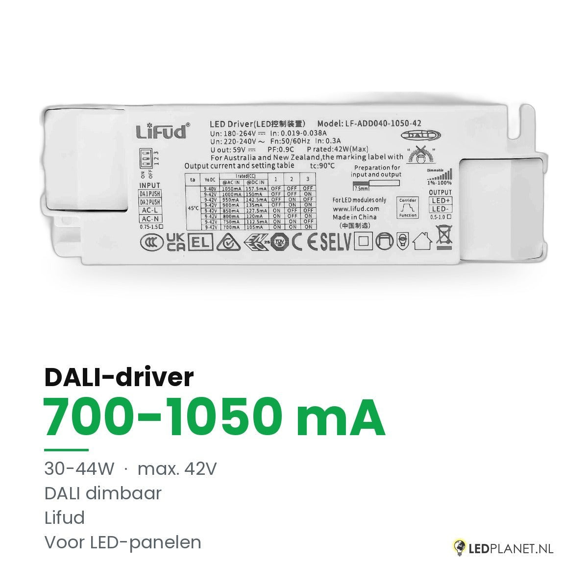 Dimbare LED-driver DALI - 30-44W - 700-1050 mA instelbaar - max. 42V - Lifud