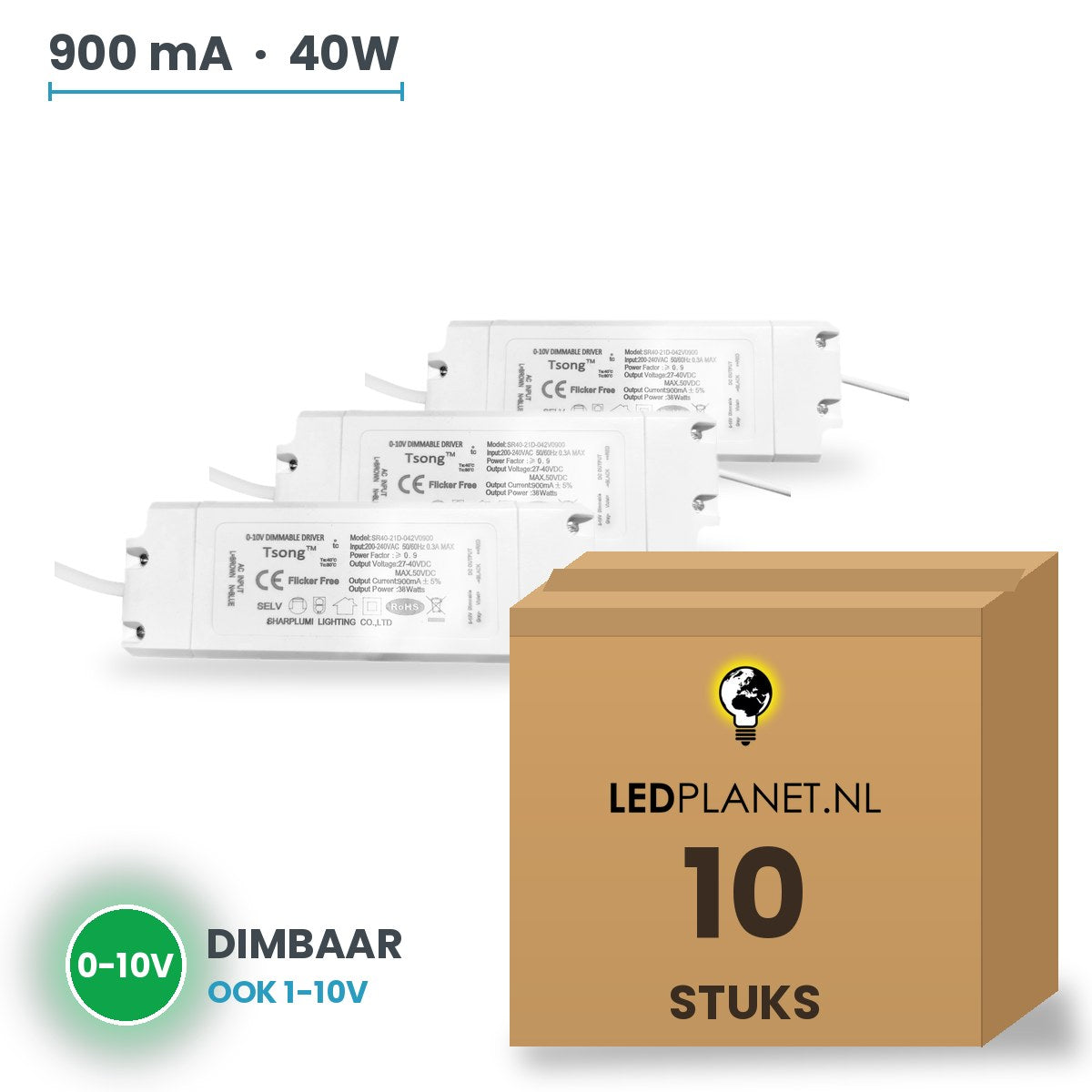 Doos met 10 stuks Dimbare LED-driver 0-10V - 40W - 900 mA - DC 27-42V
