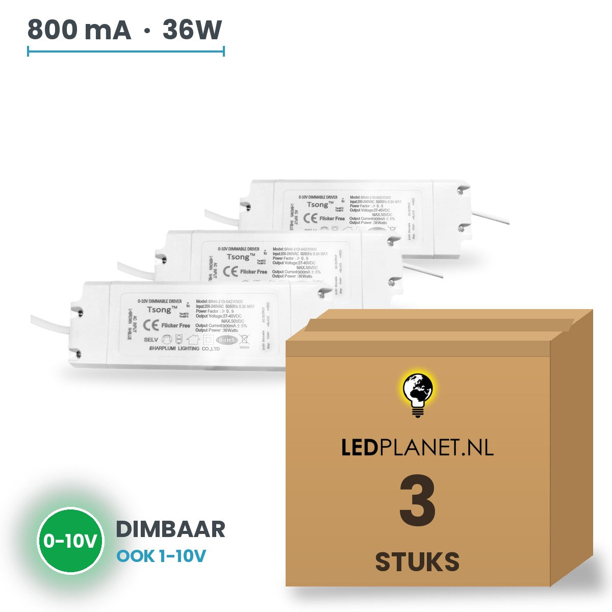 Doos met 3 stuks Dimbare LED-driver 0-10V - 36W - 800 mA - DC 27-42V
