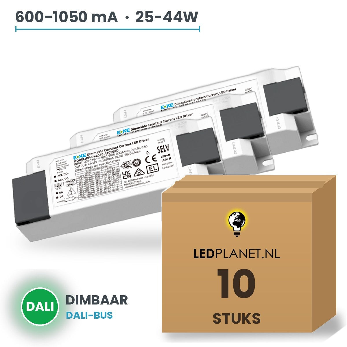 Doos met 10 stuks Dimbare LED-driver DALI - 25-44W - 600-1050 mA instelbaar - max. 42V - Boke - zonder aansluitkast