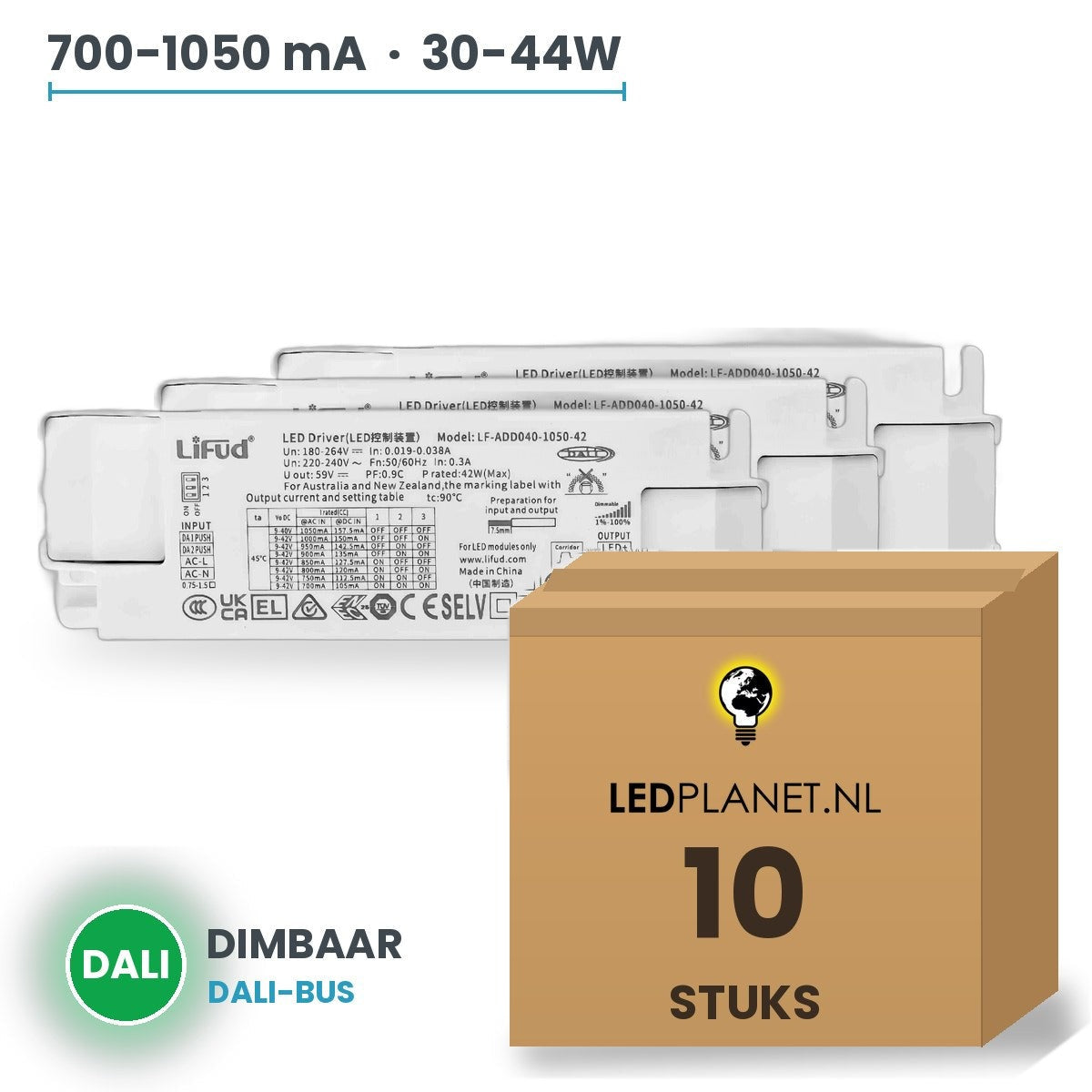 Doos met 10 stuks Dimbare LED-driver DALI - 30-44W - 700-1050 mA instelbaar - max. 42V - Lifud
