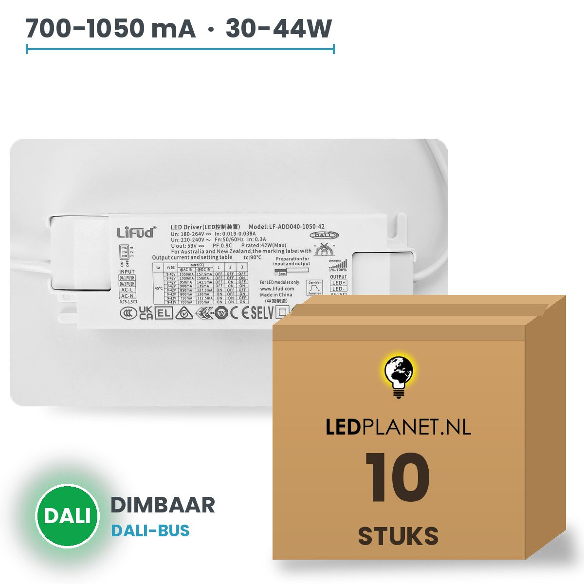 Doos met 10 stuks Dimbare LED-driver DALI - 30-44W - 700-1050 mA instelbaar - max. 42V - Lifud