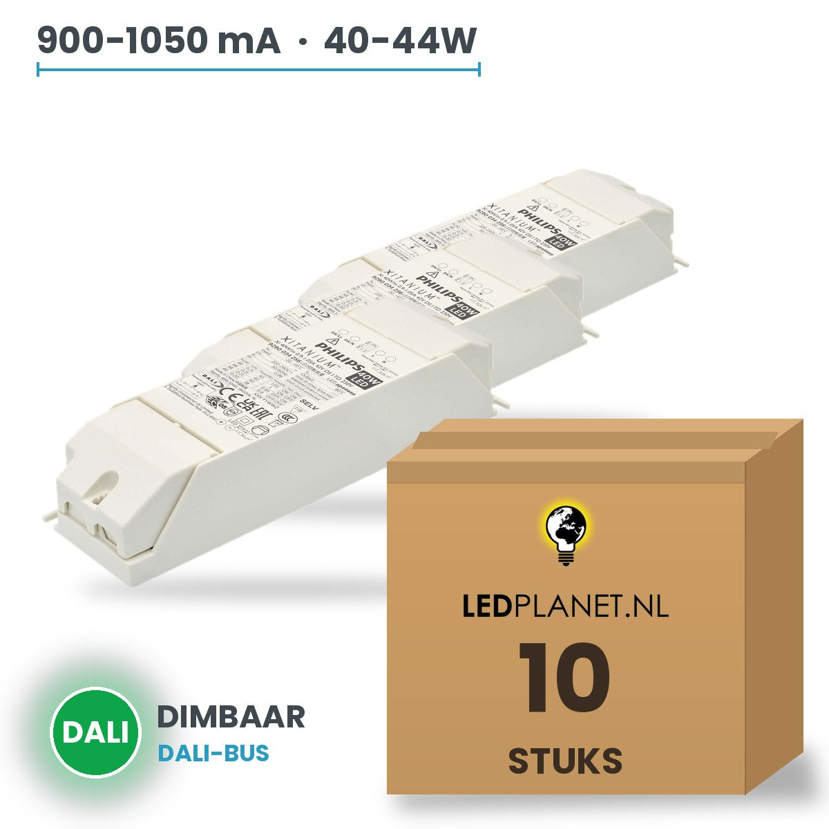 Doos met 10 stuks Dimbare LED-driver DALI - 40-44W - 900-1050 mA instelbaar - max. 42V - Philips Xitanium