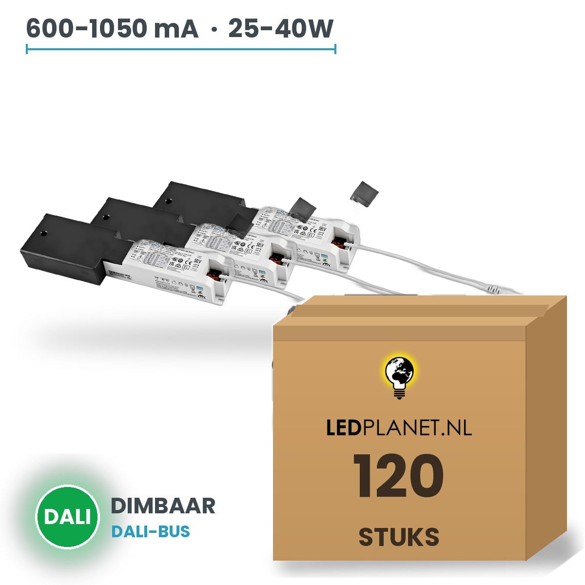Doos met 120 stuks Dimbare LED-driver DALI - 25-40W - 600-1050 mA instelbaar - max. 42V - Boke