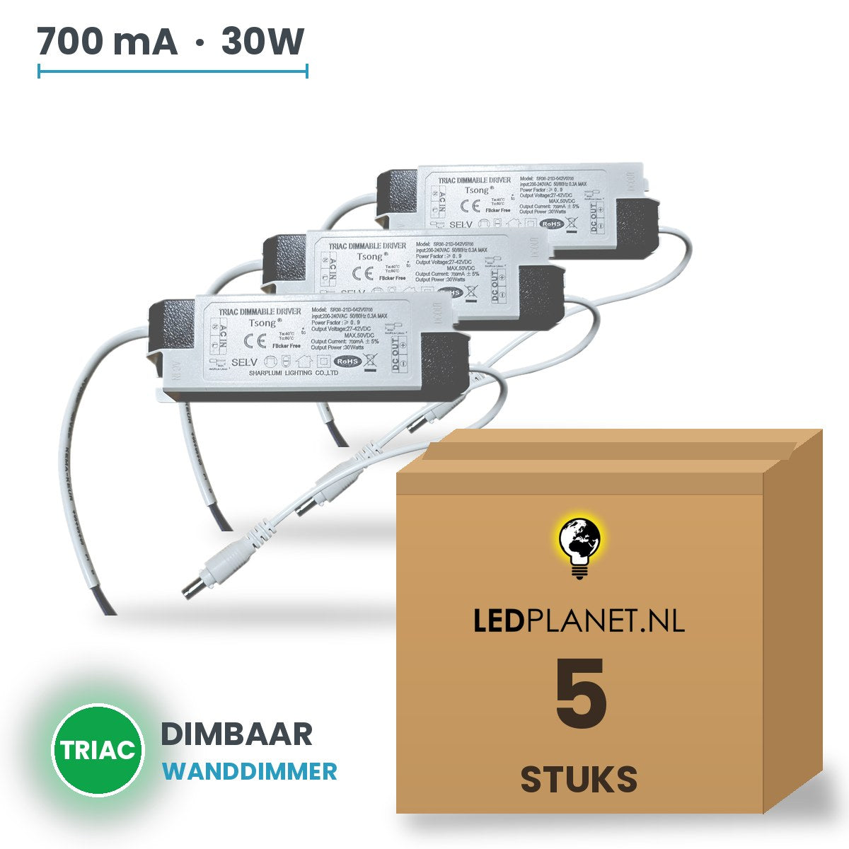 Doos met 5 stuks Dimbare LED-driver Triac - 30W - 700 mA - DC 27-42V