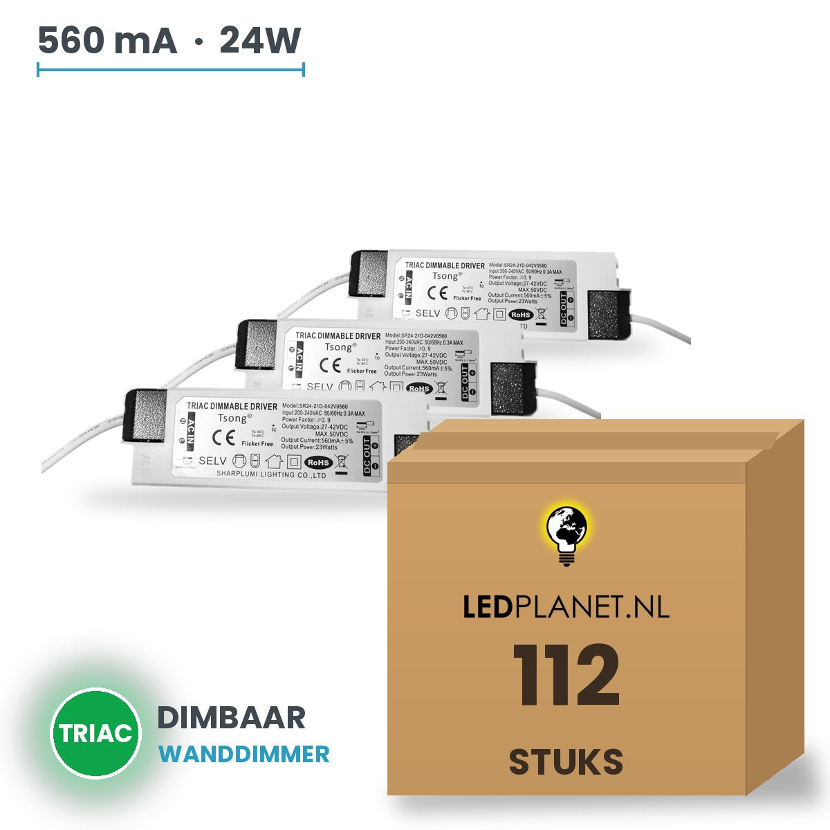 Doos met 112 stuks Dimbare LED-driver Triac - 24W - 560 mA - DC 27-42V