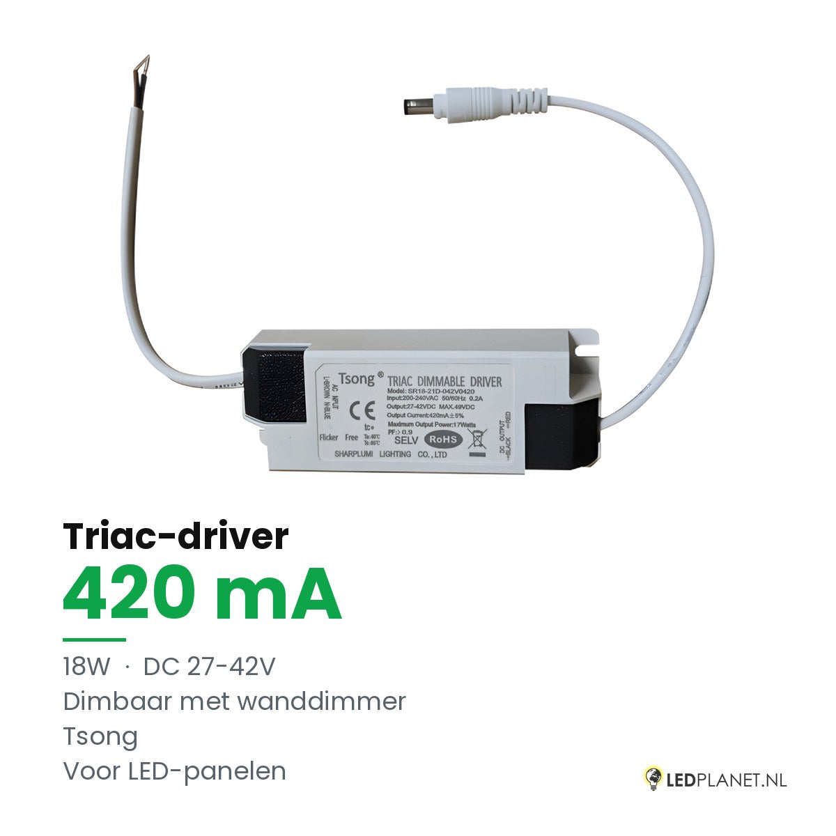 Dimbare LED-driver Triac - 18W - 420 mA - DC 27-42V