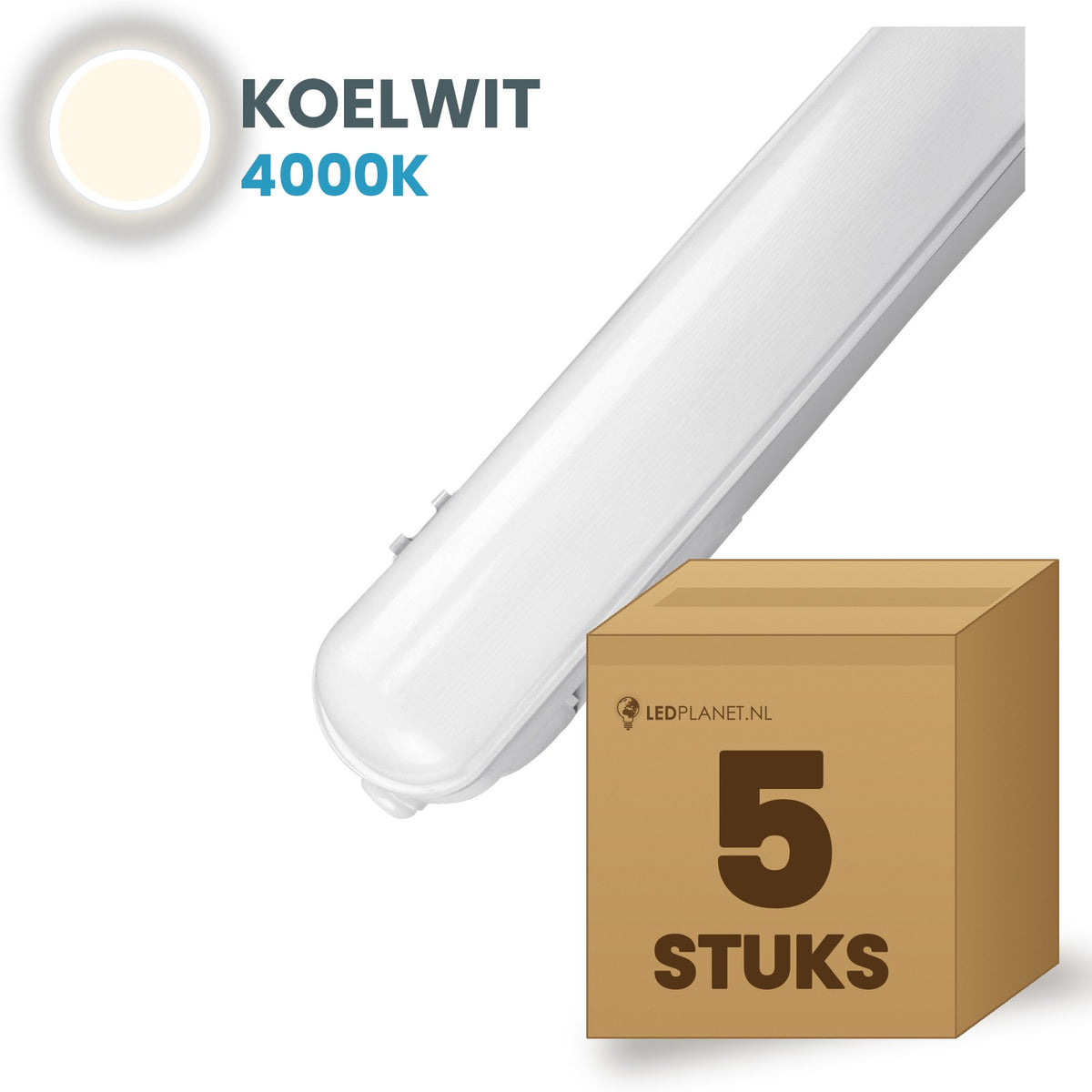Doos met 5 LED tri-proof armaturen 1200mm koelwit 4000K