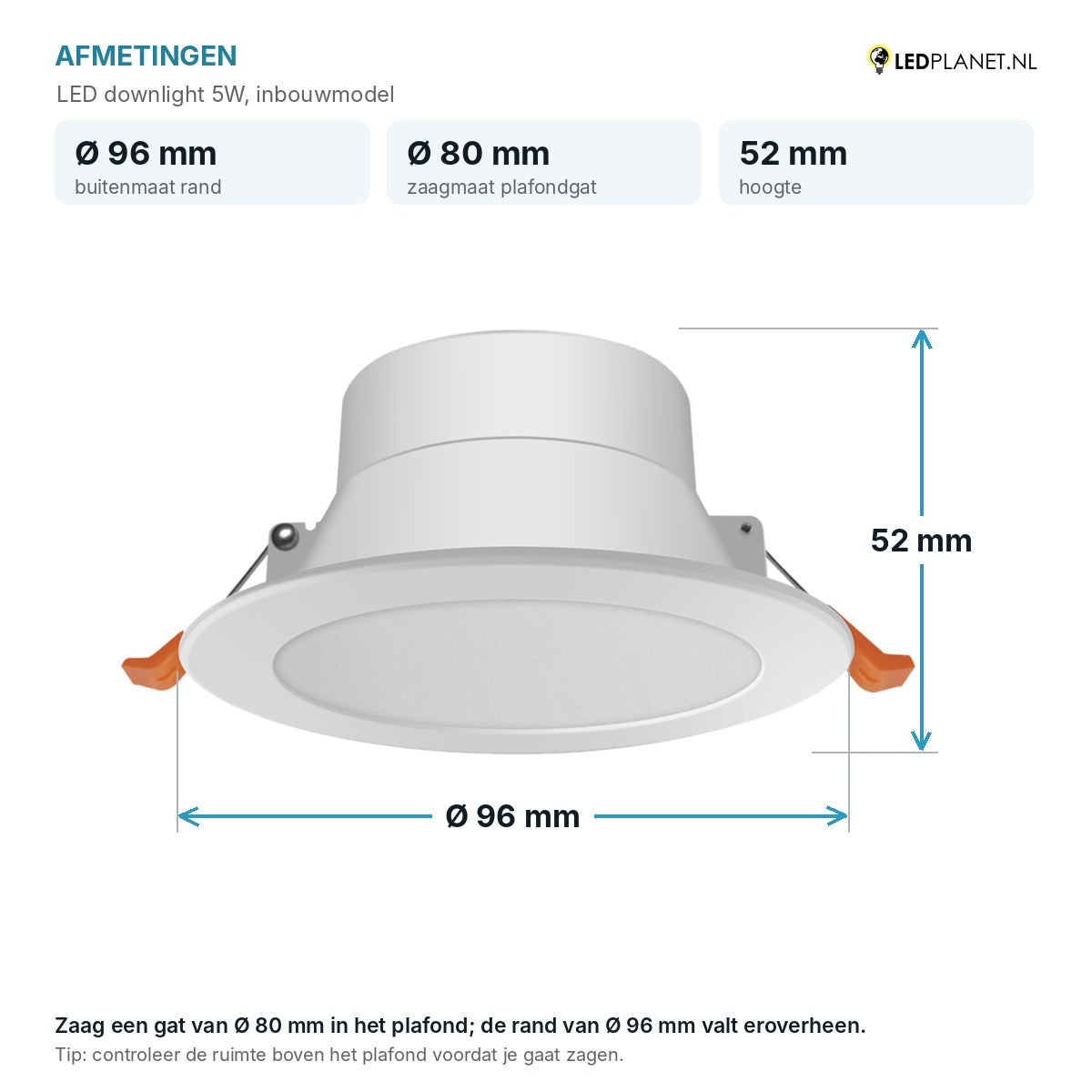 Afmetingen LED downlight 5W: Ø96 mm, hoogte 52 mm, zaagmaat Ø80 mm