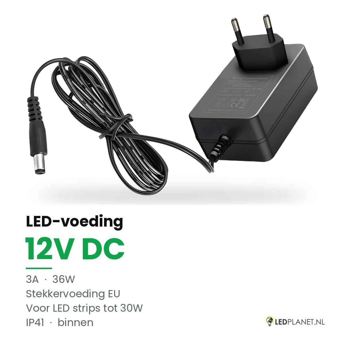 LED Driver 12V DC - 36W - 3A - Stekkervoeding EU - IP41