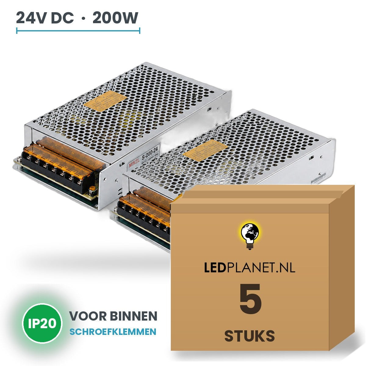 Doos met 5 stuks LED Driver 24V DC - 200W - 8,33A - IP20 - metalen behuizing