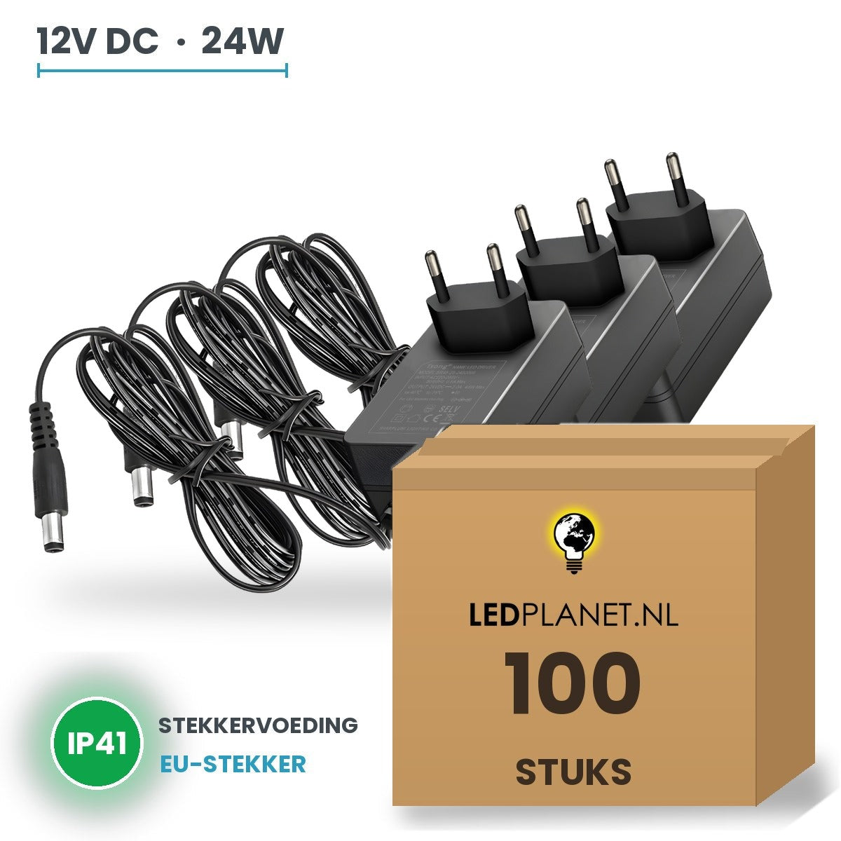 Doos met 100 stuks LED Driver 12V DC - 24W - 2A - Stekkervoeding EU - IP41
