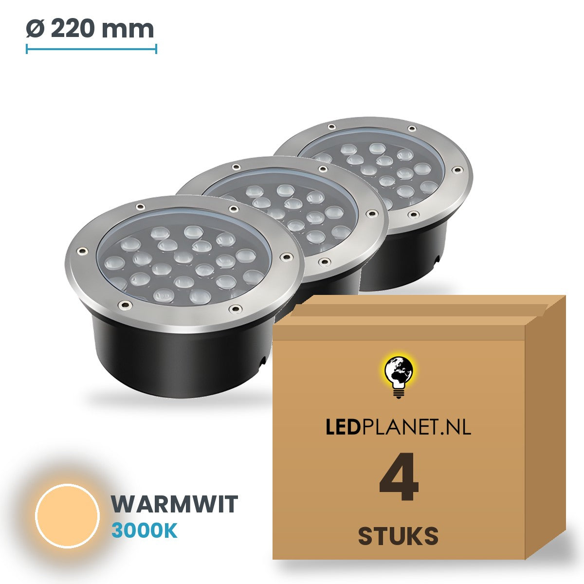 Doos met 4 stuks LED inbouw grondspot 24W, lichtkleur warmwit 3000K