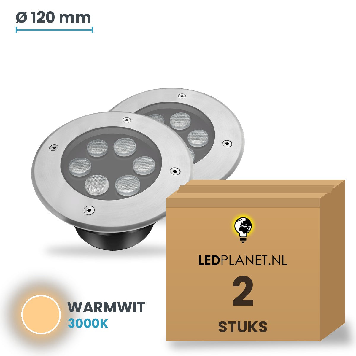 Doos met 2 stuks LED inbouw grondspot 6W, lichtkleur warmwit 3000K
