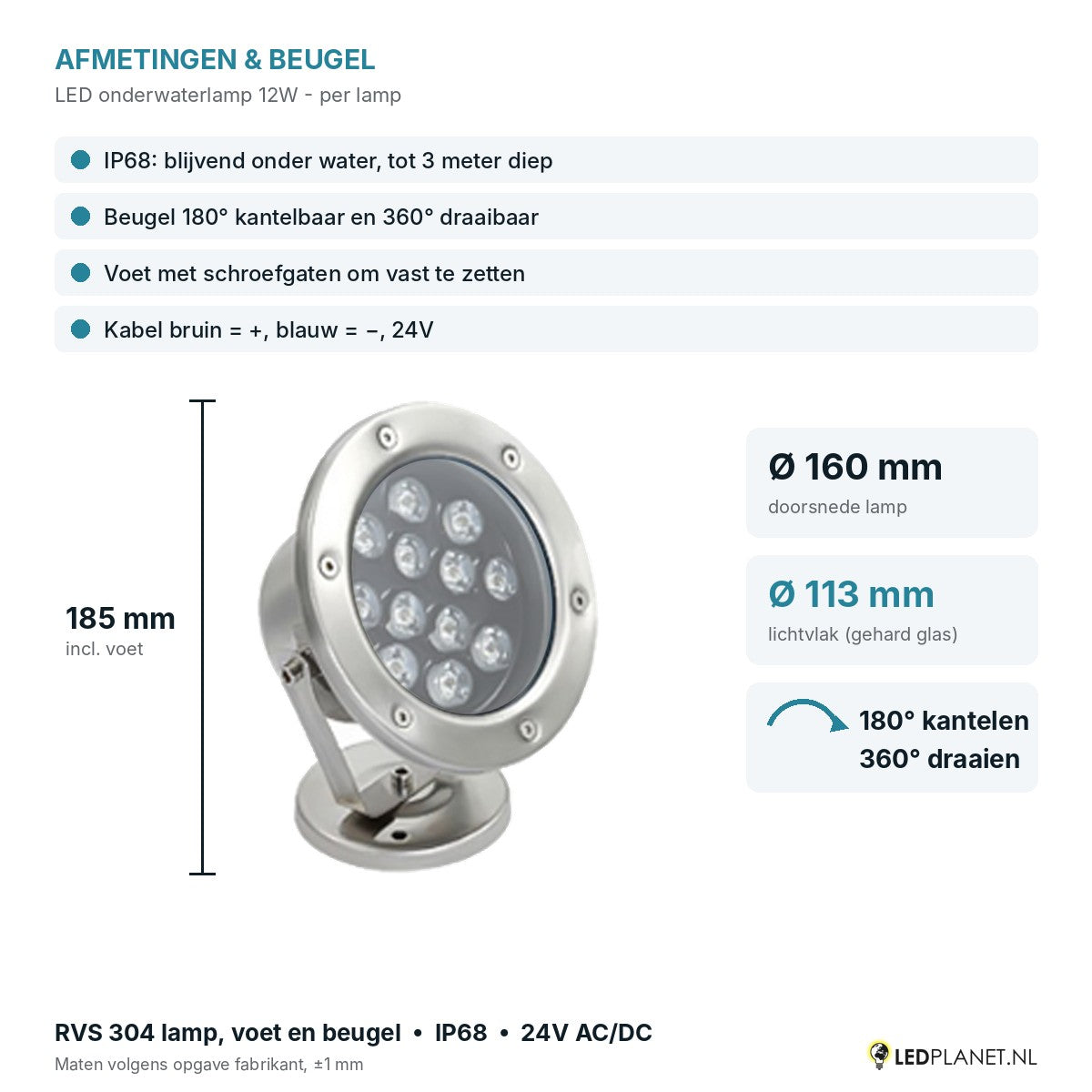 Afmetingen LED onderwaterlamp 12W: Ø160 x 185 mm, lichtvlak Ø113 mm, beugel kantelbaar