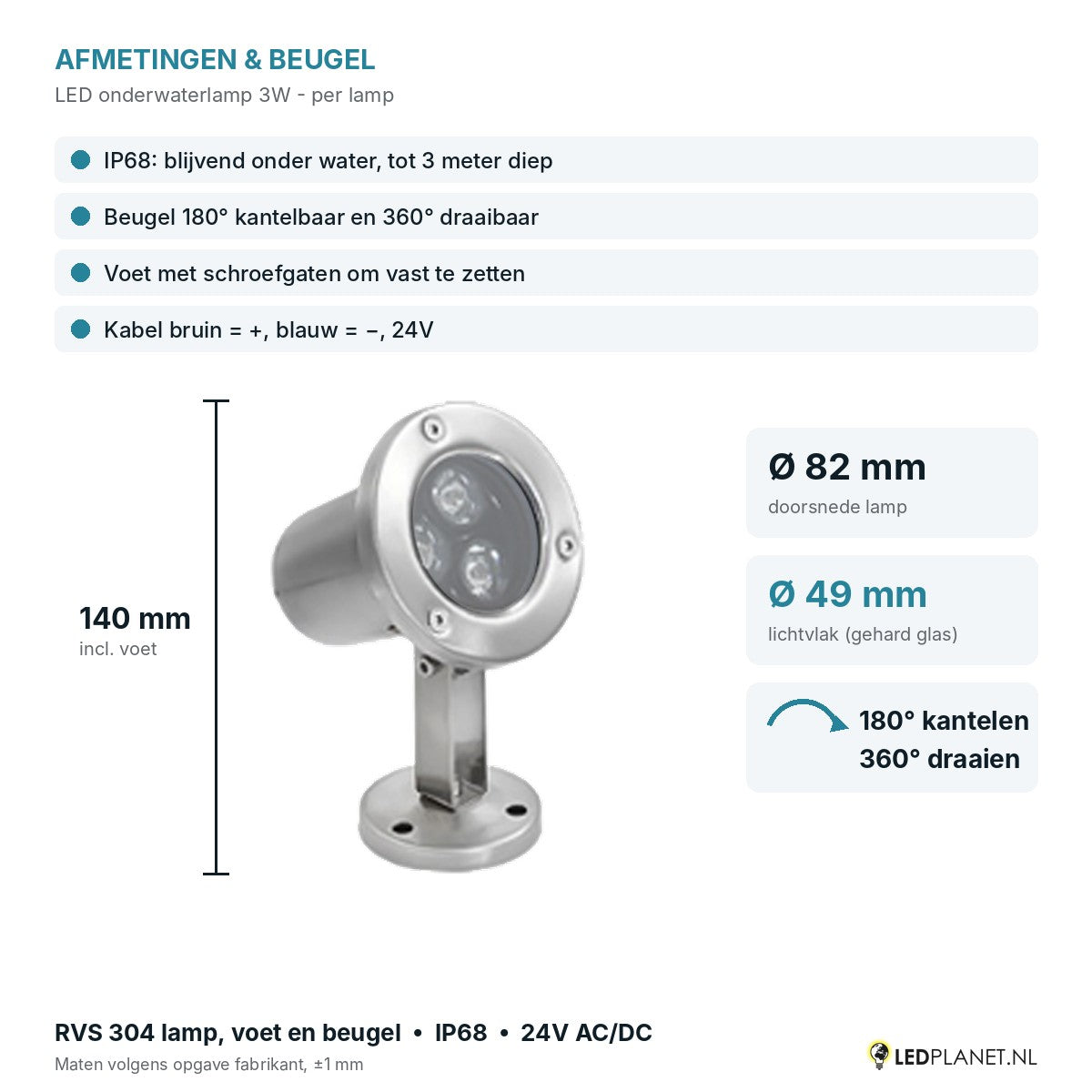 Afmetingen LED onderwaterlamp 3W: Ø82 x 140 mm, lichtvlak Ø49 mm, beugel kantelbaar