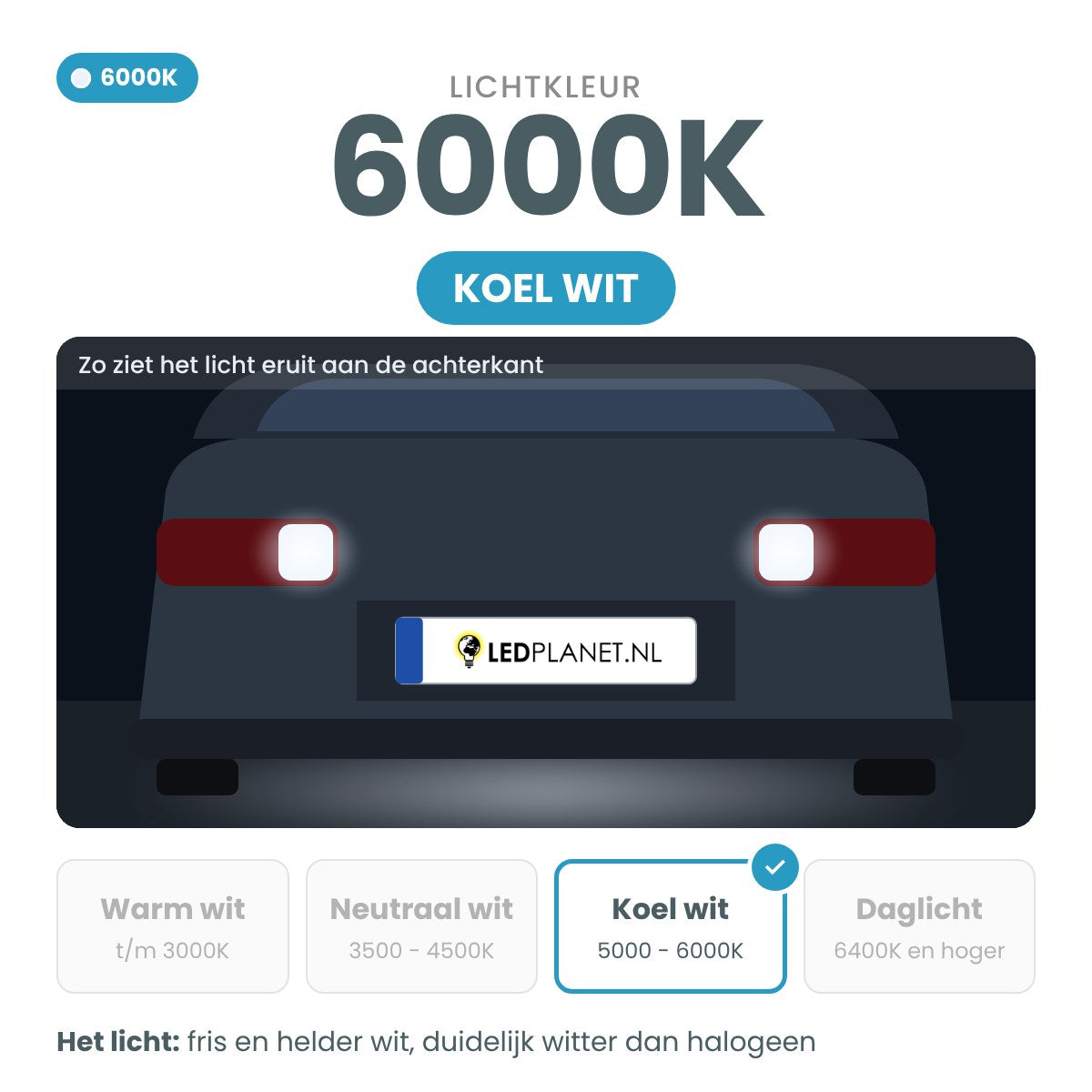 Lichtkleur 6000K koel wit: zo ziet het licht eruit aan de achterkant van de auto
