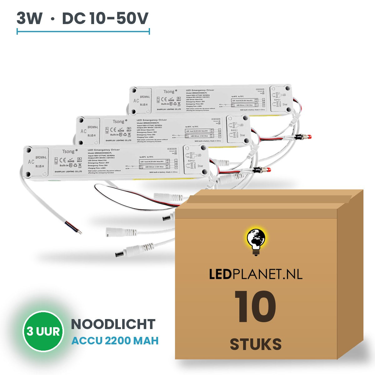 Doos met 10 stuks Noodstroommodule voor LED-paneel - 3W - 3 uur noodverlichting - DC 10-50V - accu 2200 mAh