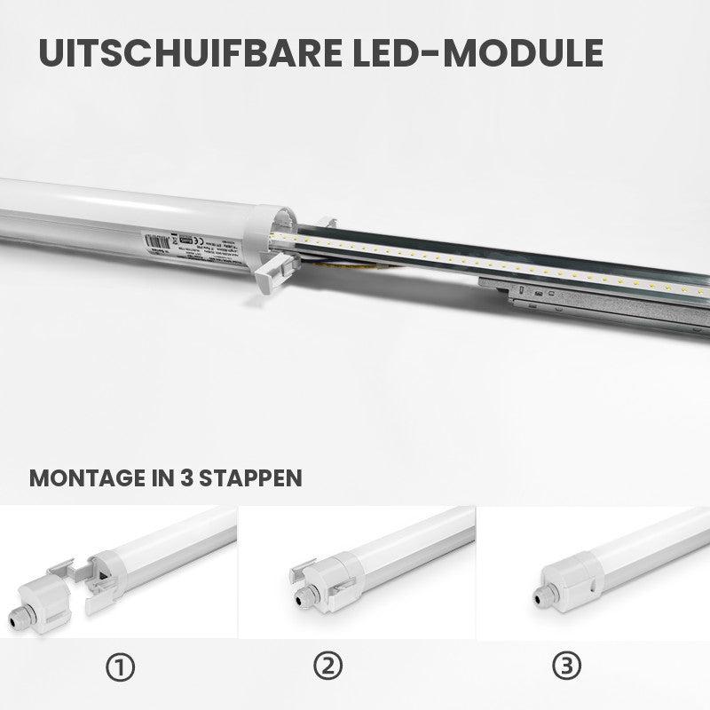 LED Feuchtraumleuchte Tri-Proof 1200mm 36W - ausziehbares LED-Modul und Montage in 3 Schritten