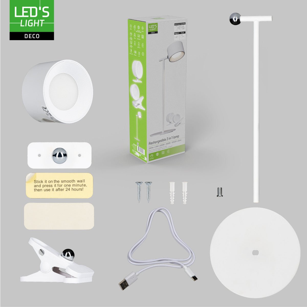 3-in-1-LED-Lampe, kabellos und wiederaufladbar, mit magnetischer Wandhalterung, Fuß und Klemme – Weiß